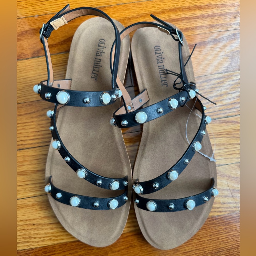 Olivia Miller Black Sandals with White Pearl Details